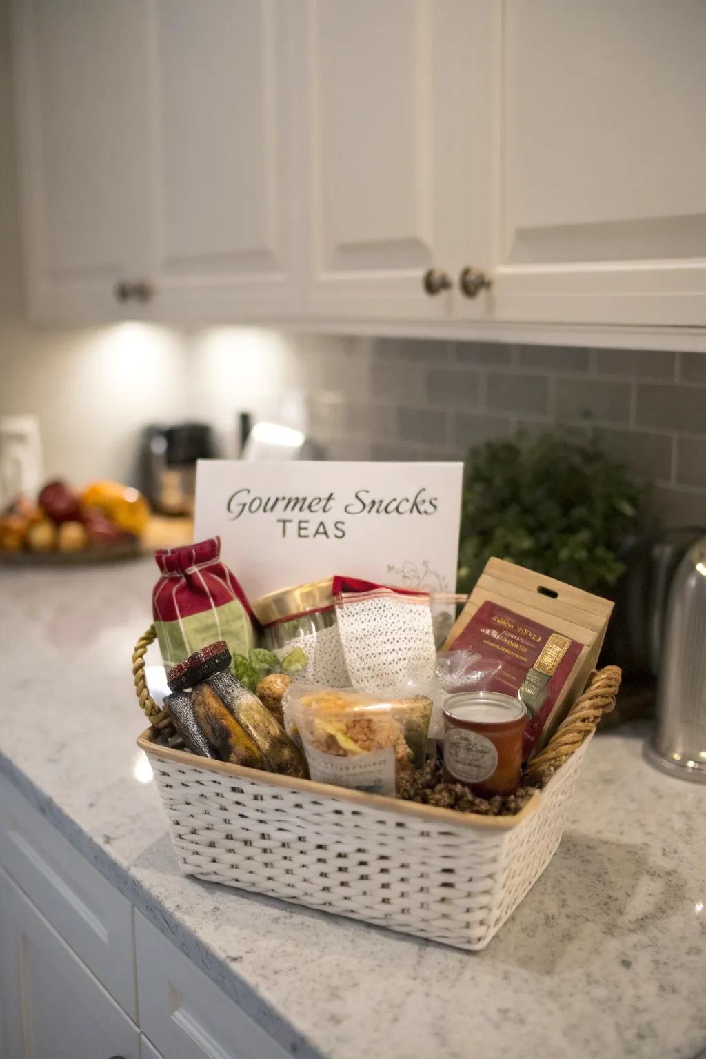 A basket of personalized gifts.