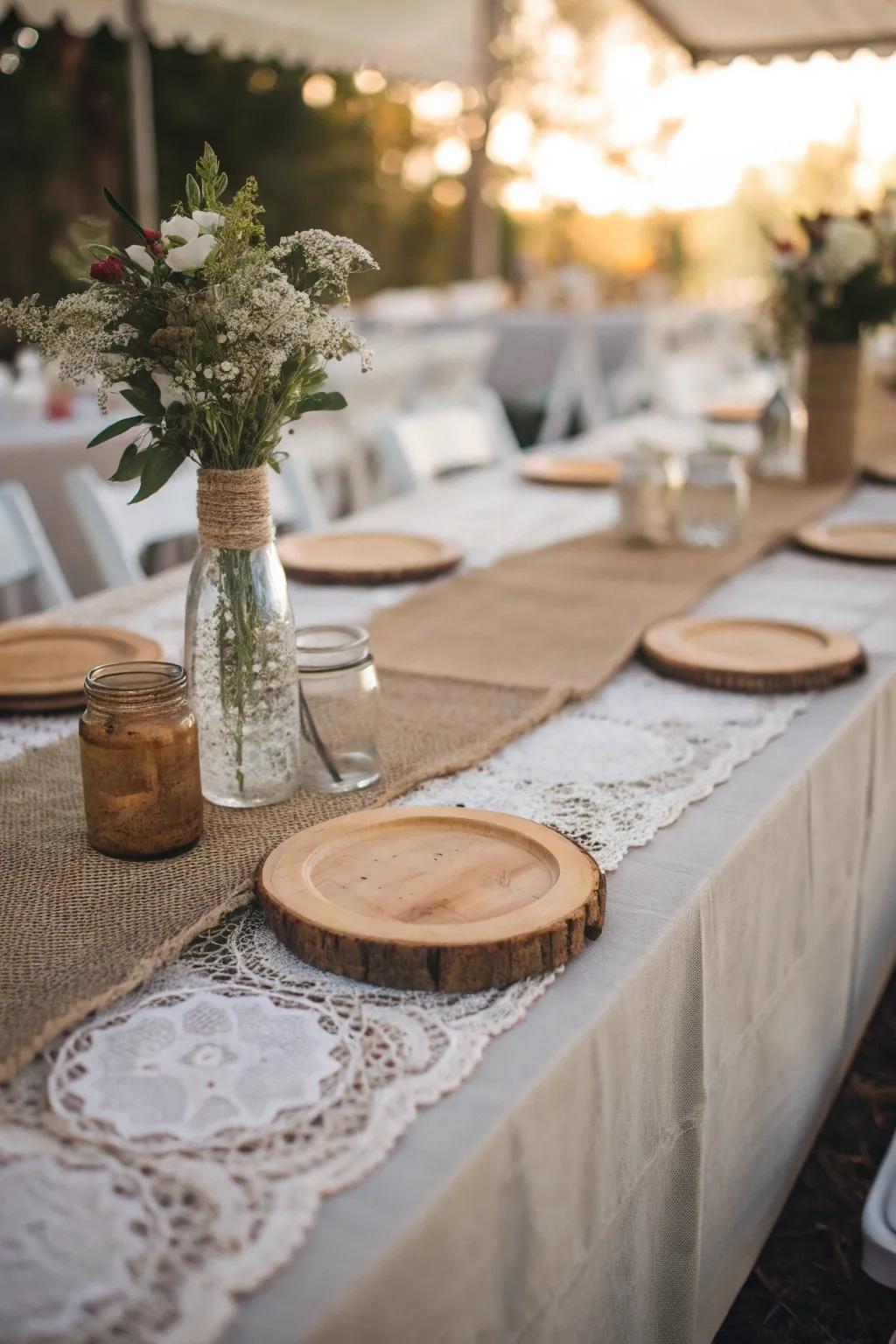 Hessian and lace include rural class to any table.