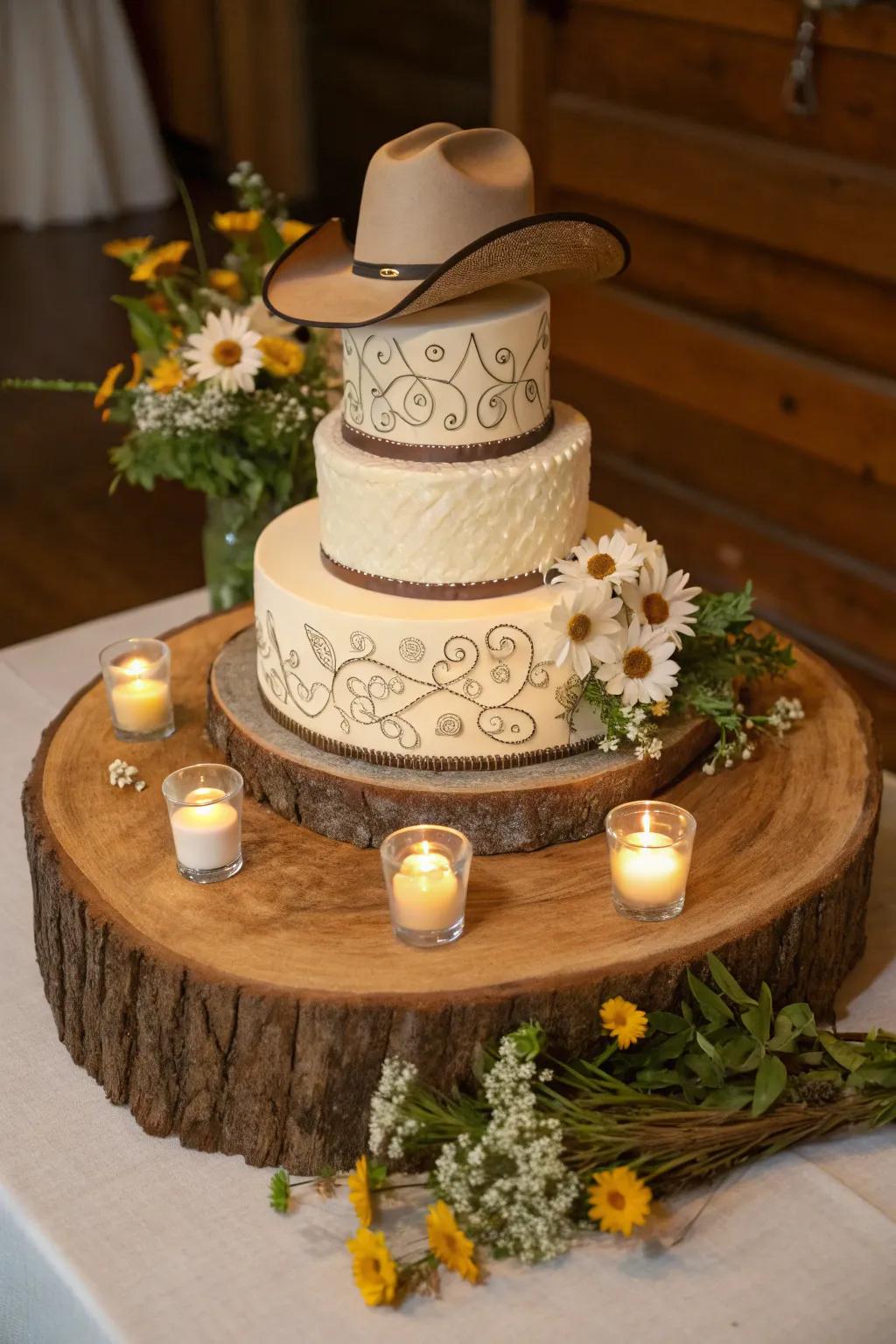 Western wedding cake settin' pretty on a rustic timber foundation.