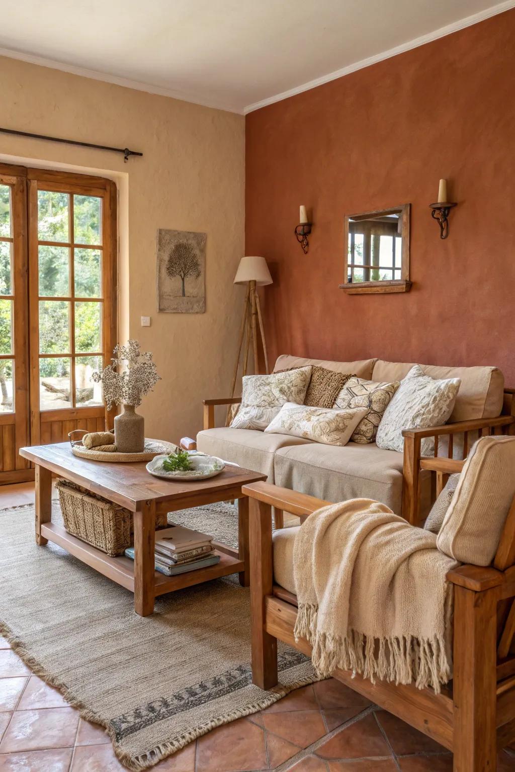 Living space decorated with terracotta walls and natural decor.