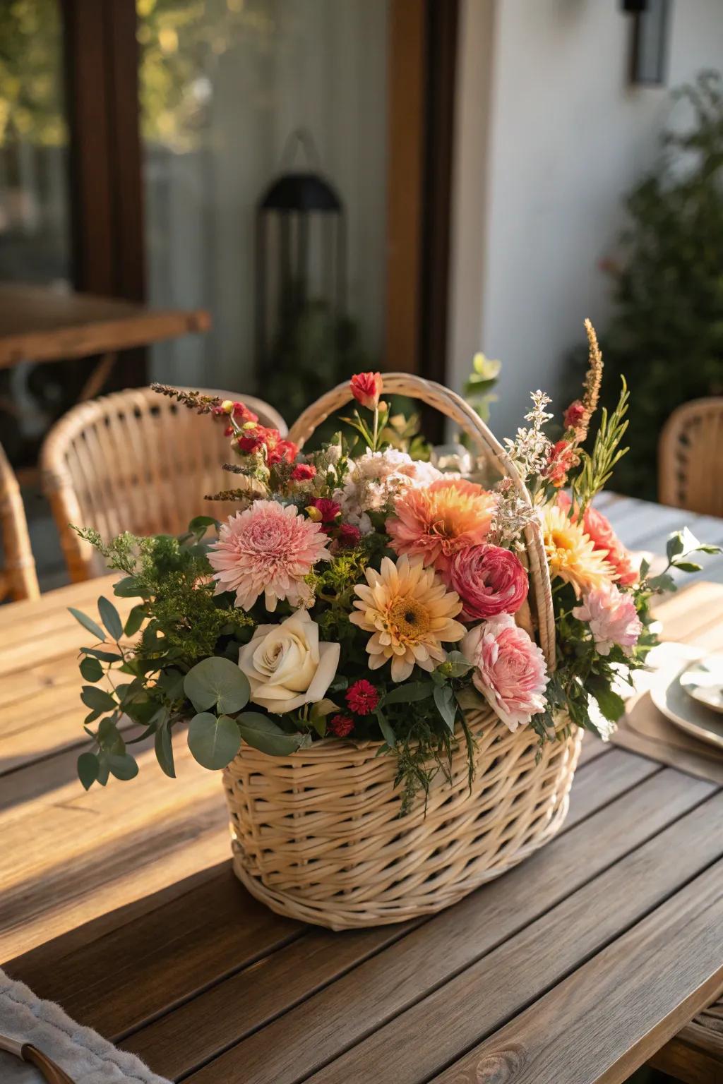 A lively floral-filled wicker basket introduces a natural element to the dining area.