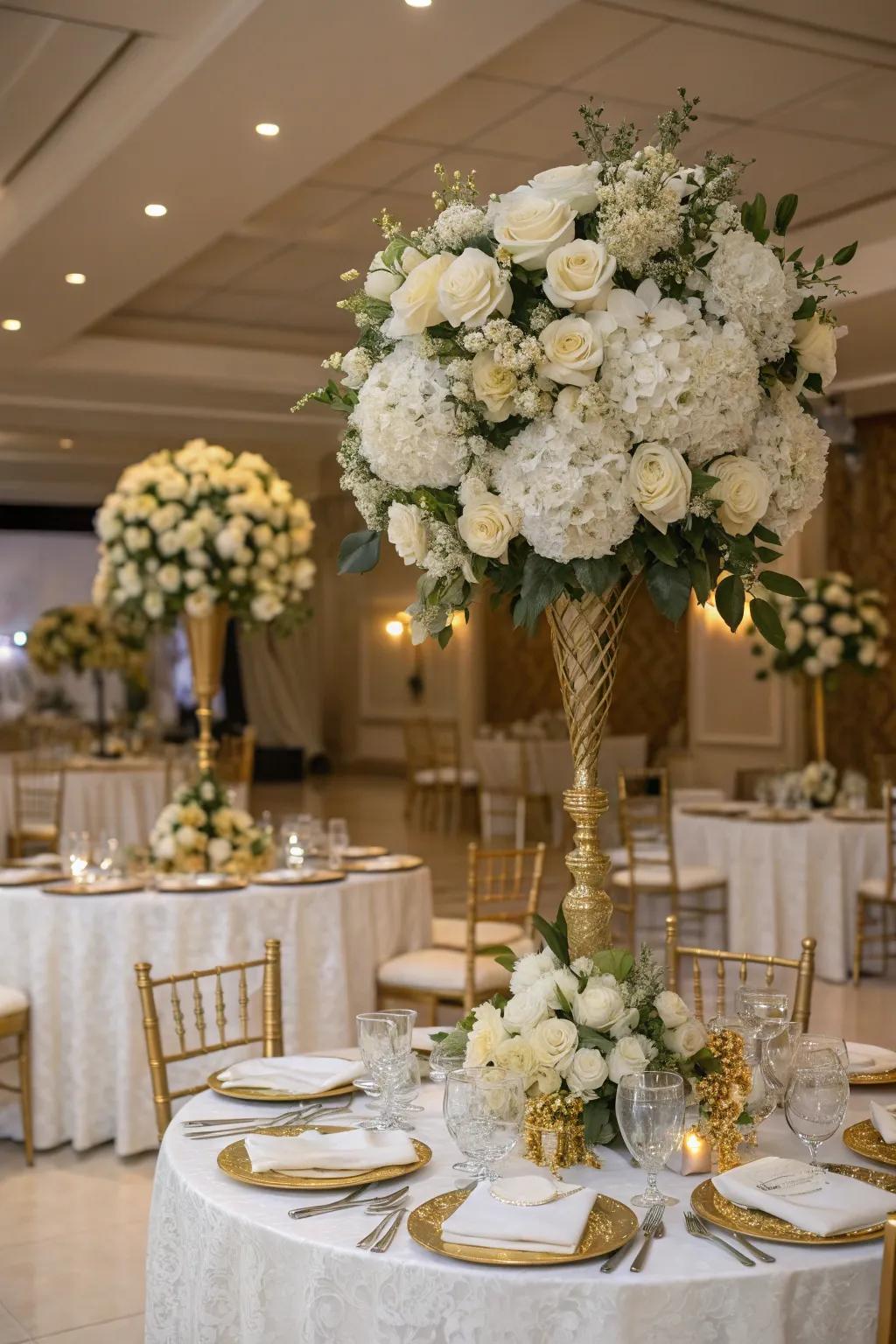 Sophisticated flower decorations with white and gold accents.