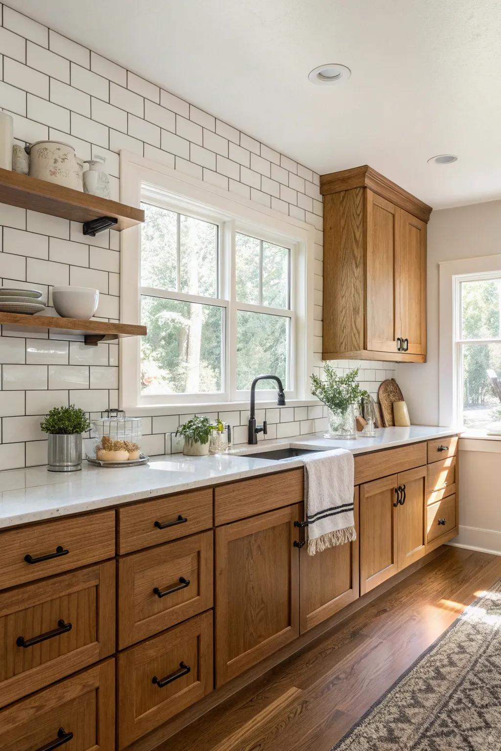 Classic white flat bricks beautifully complementing the wooden cabinetry.