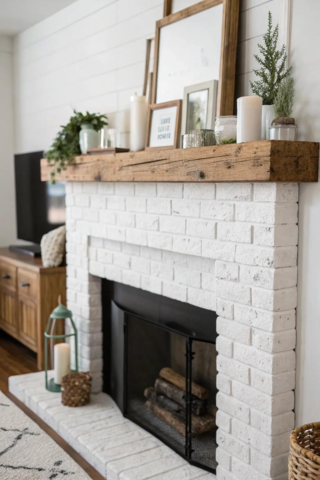 A weathered wooden mantel radiates warmth against the stark white brick.