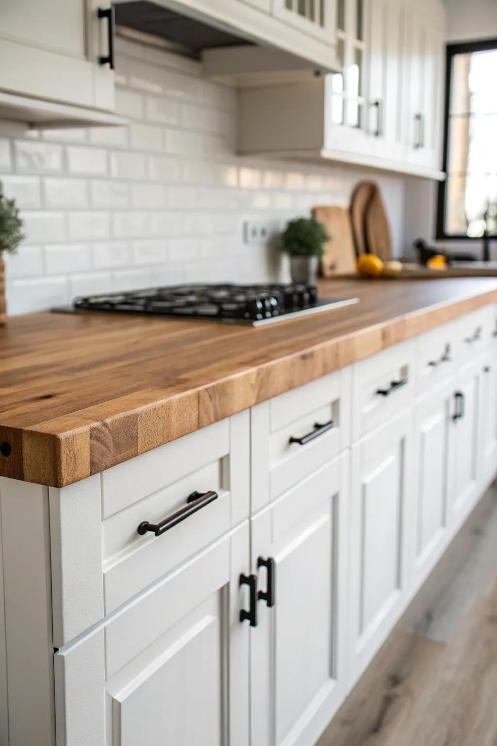 A captivating contrast between radiant ivory cabinets and a welcoming timber worktop.