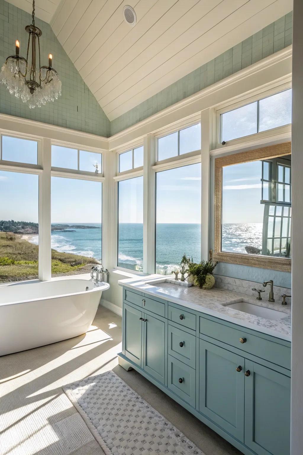 All-natural light flooding right into a coastal bathroom develops a breezy feel.