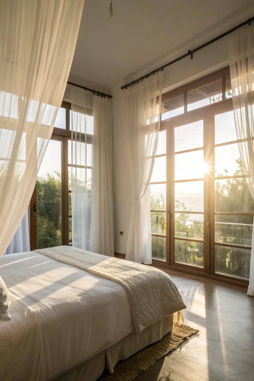 Transparent ivory drapes permit sunlight to saturate the chamber, engendering a radiant and ventilated ambiance.
