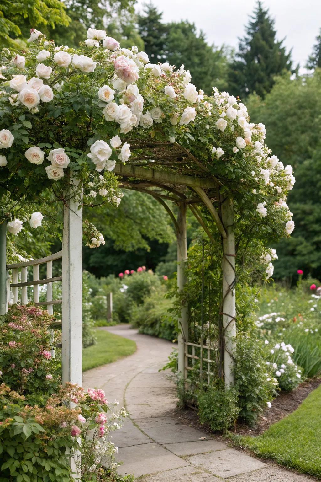 An archway blooming with pale roses becomes a captivating highlight in the garden.