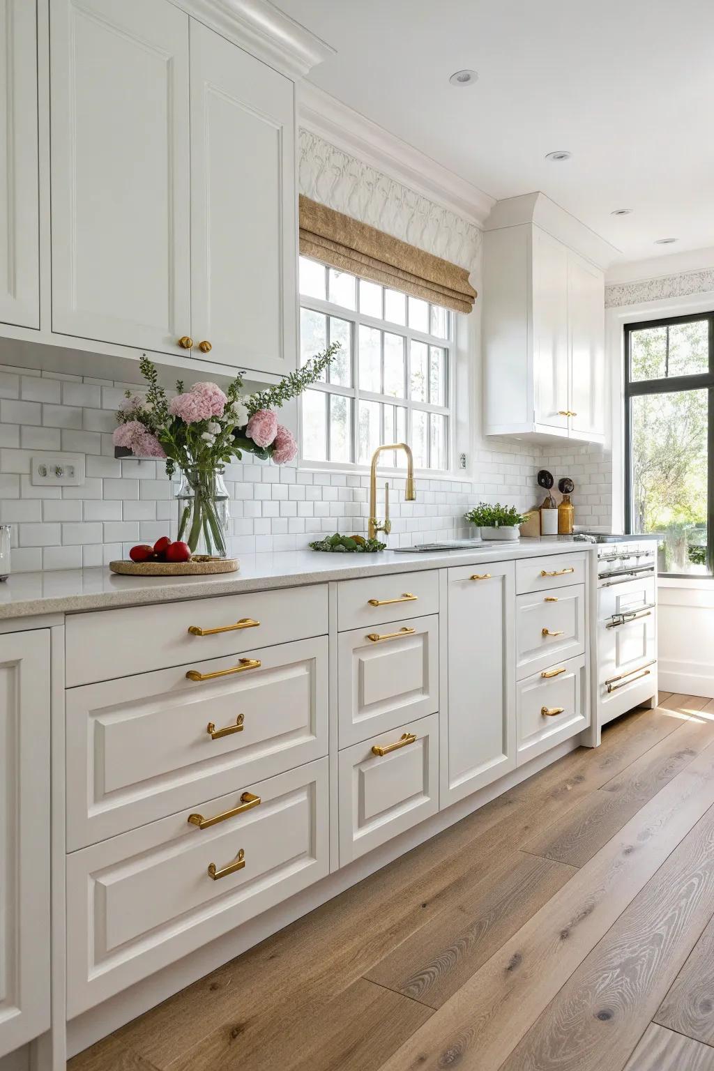 Stylish gold deals with boosting the heat of a light-colored cooking area.