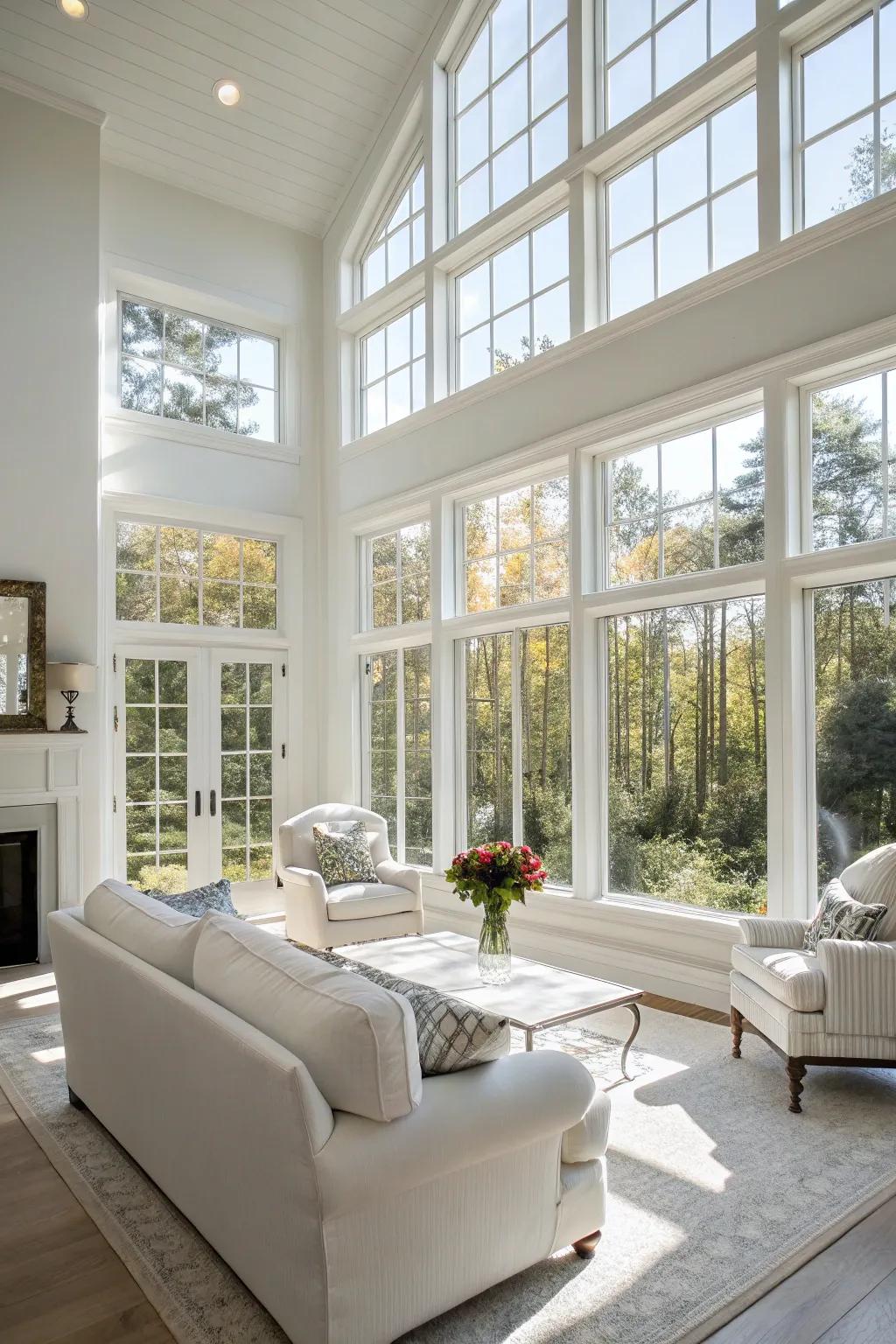 Sunlight amplifies the sophistication of a white living space.