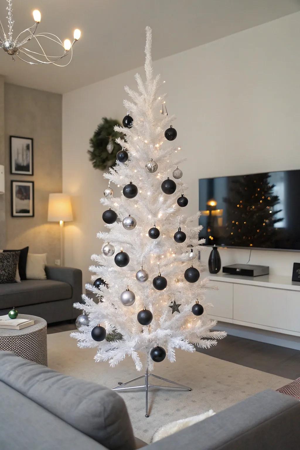 A minimalist monochrome white pencil tree in a modern living space.