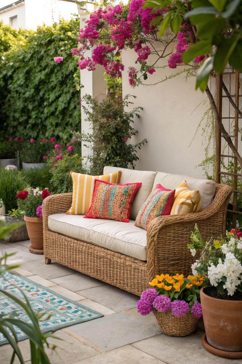 An attractive outdoor lounge showcasing colorful wicker furnishings.