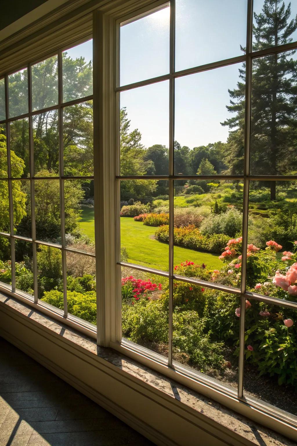 A large window showcases a breathtaking panoramic view of a vibrant garden.