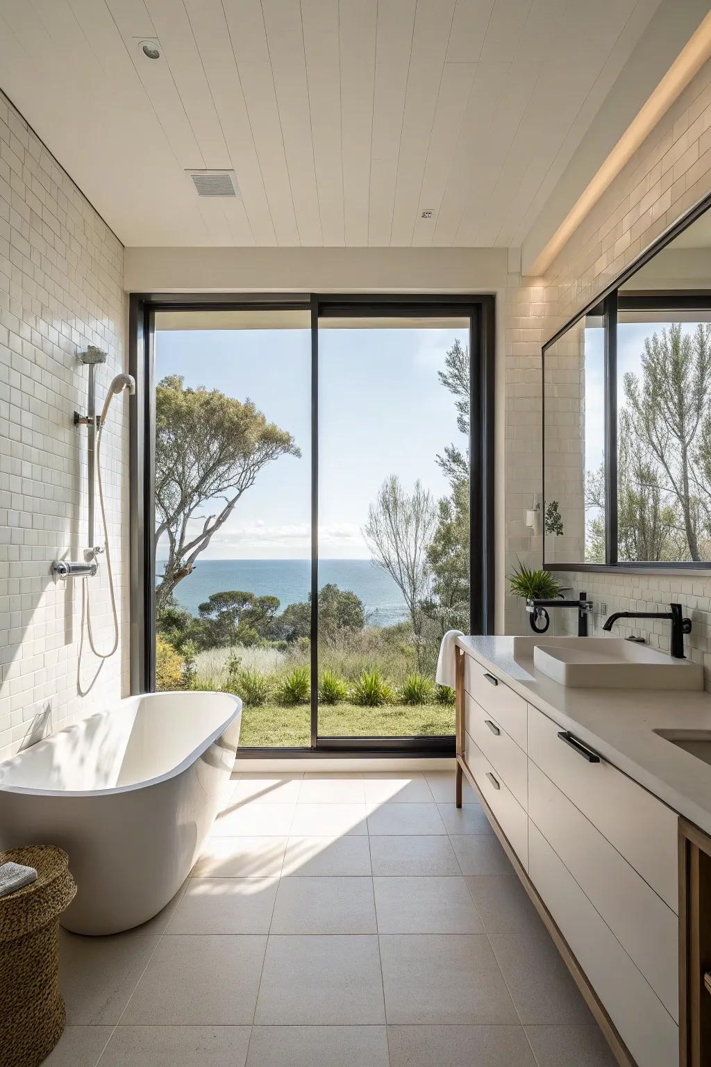An airy shower space showcasing a sprawling window design that employs natural light to accentuate the bathroom's overall aesthetic.
