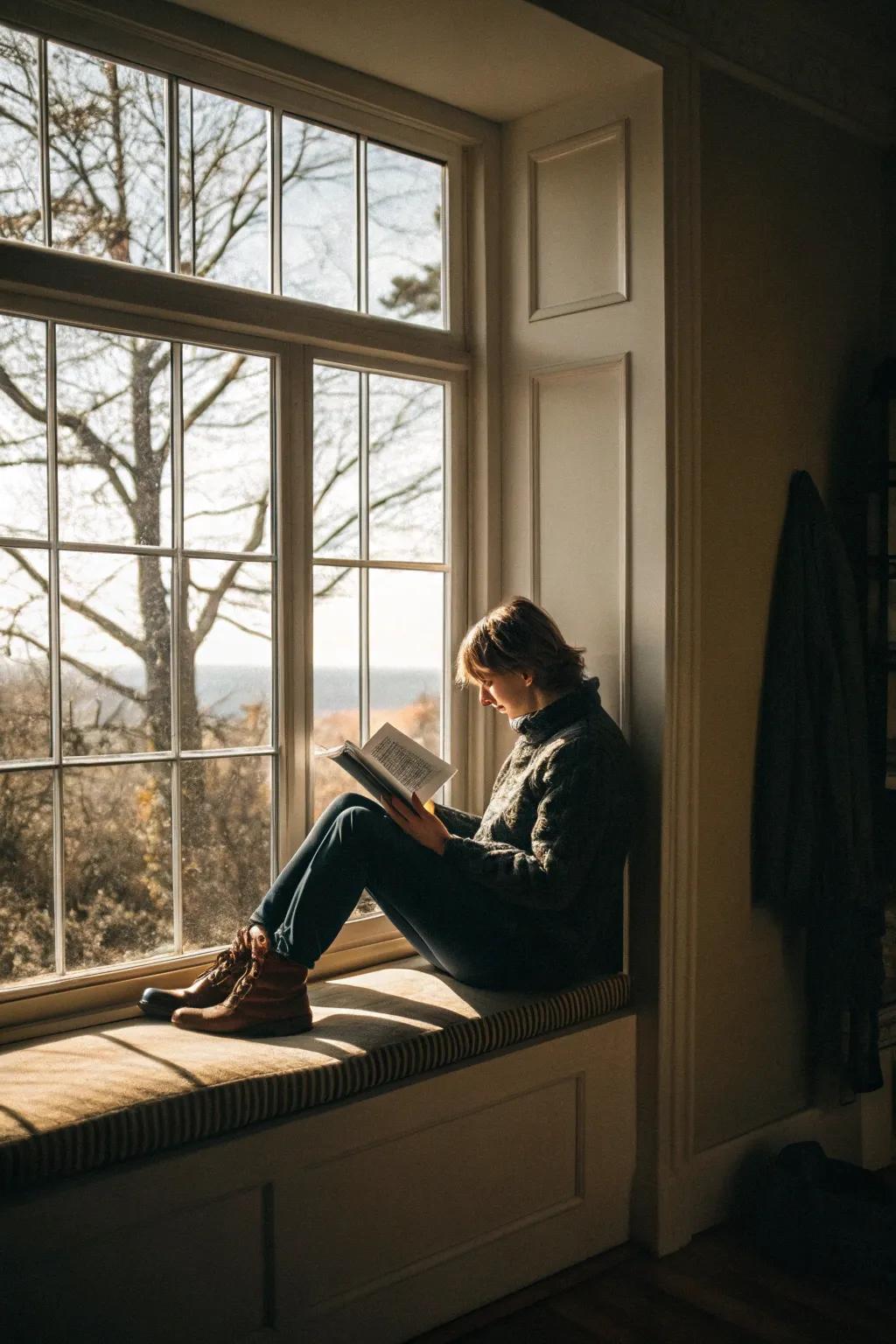 A window seat is bathed in sunlight, creating the ideal spot for reading.