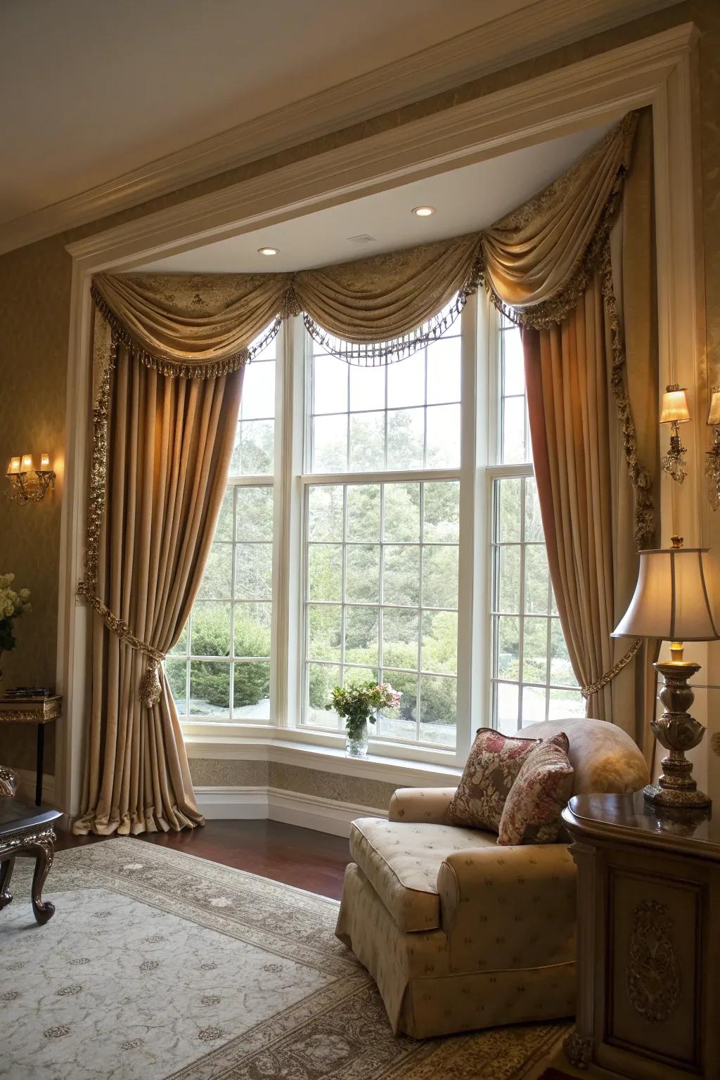 Full-length drapes bring a sense of grand elegance to bay windows.
