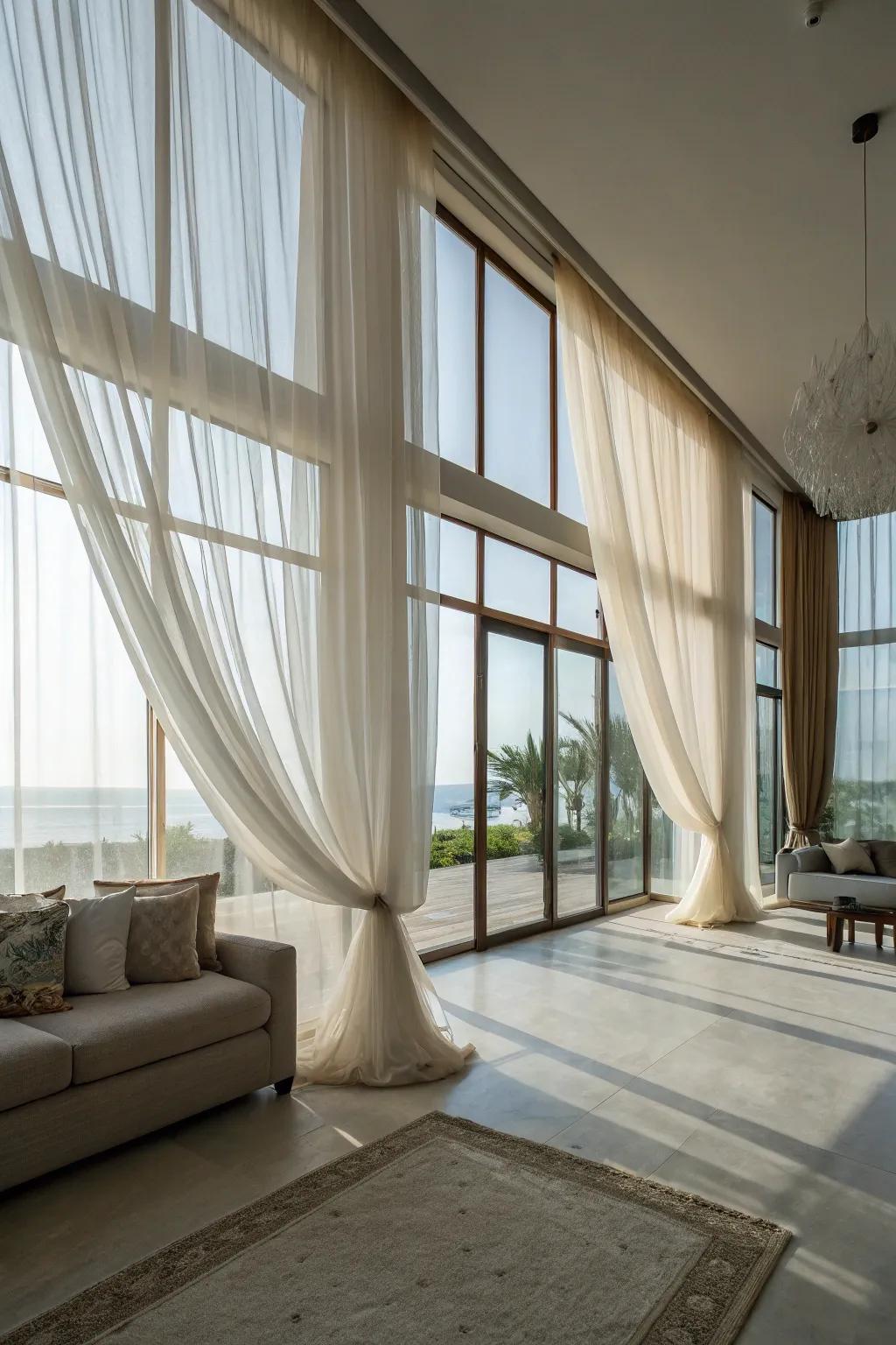 Sheer drapes craft a gentle, ethereal atmosphere while allowing natural light to enter.