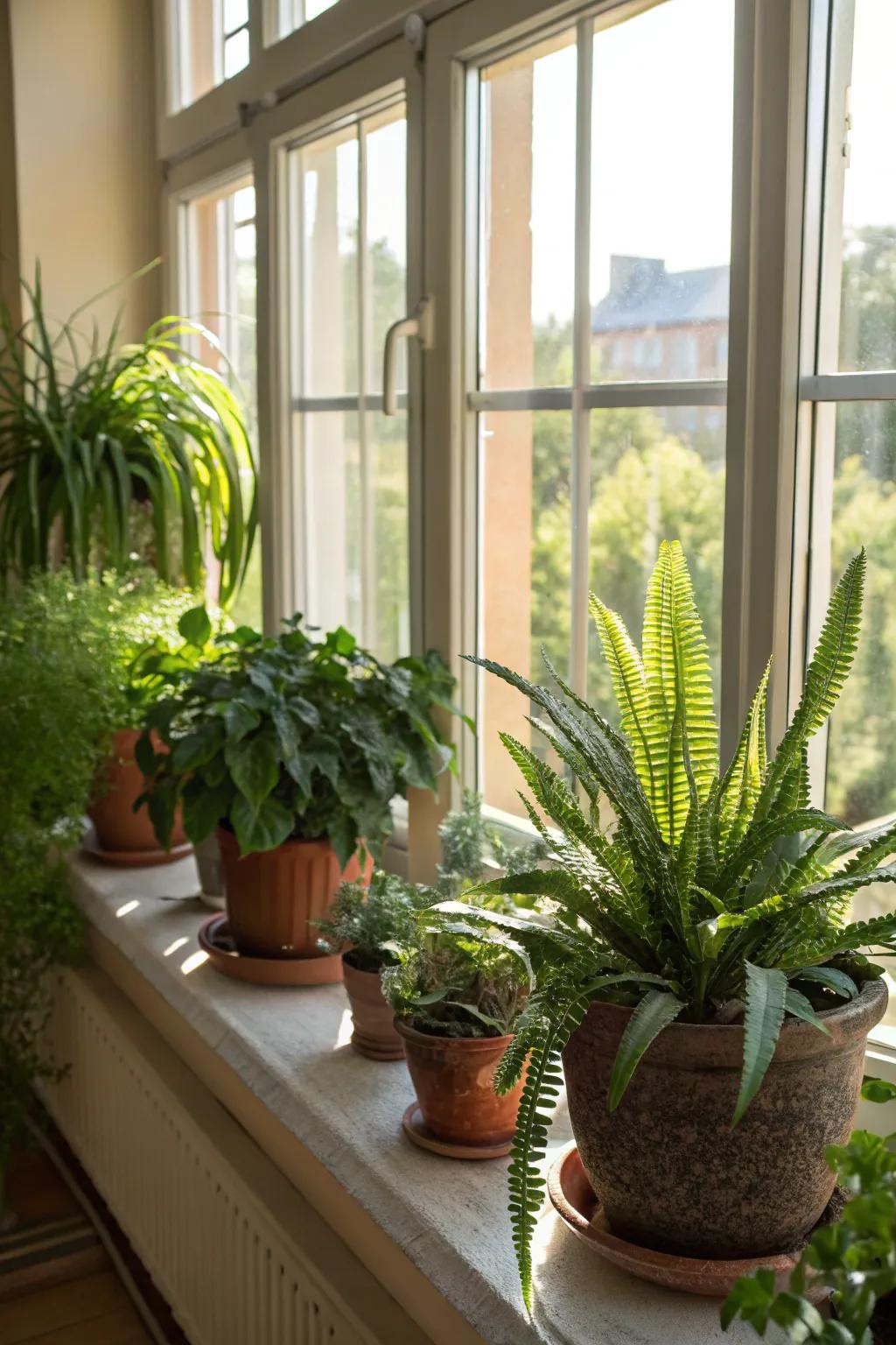 An energetic variety of potted flora infuses life into the windowsill space.