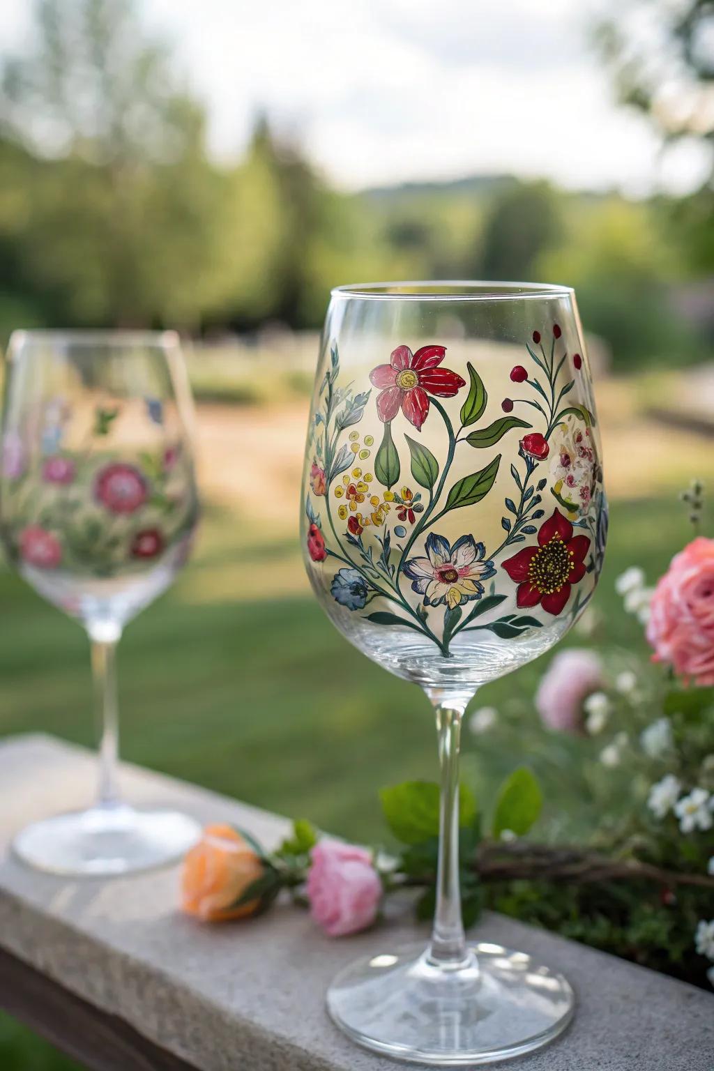 Floral-painted stemware encapsulates the essence of a flourishing springtime.