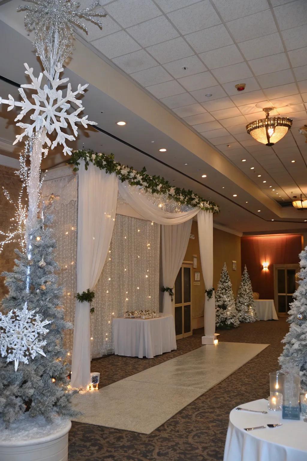 A tranquil arctic dreamscape baby shower aesthetic featuring crystalline decorations and argent accents.