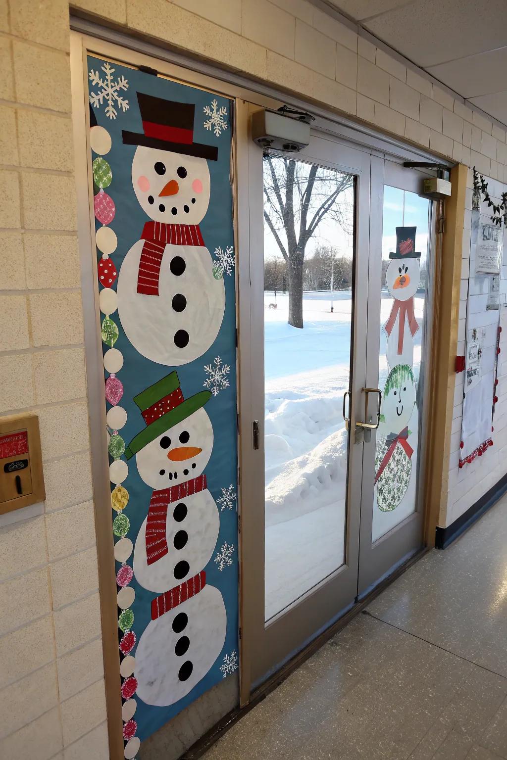 Handcrafted snow figures from students enliven this wintry portal design