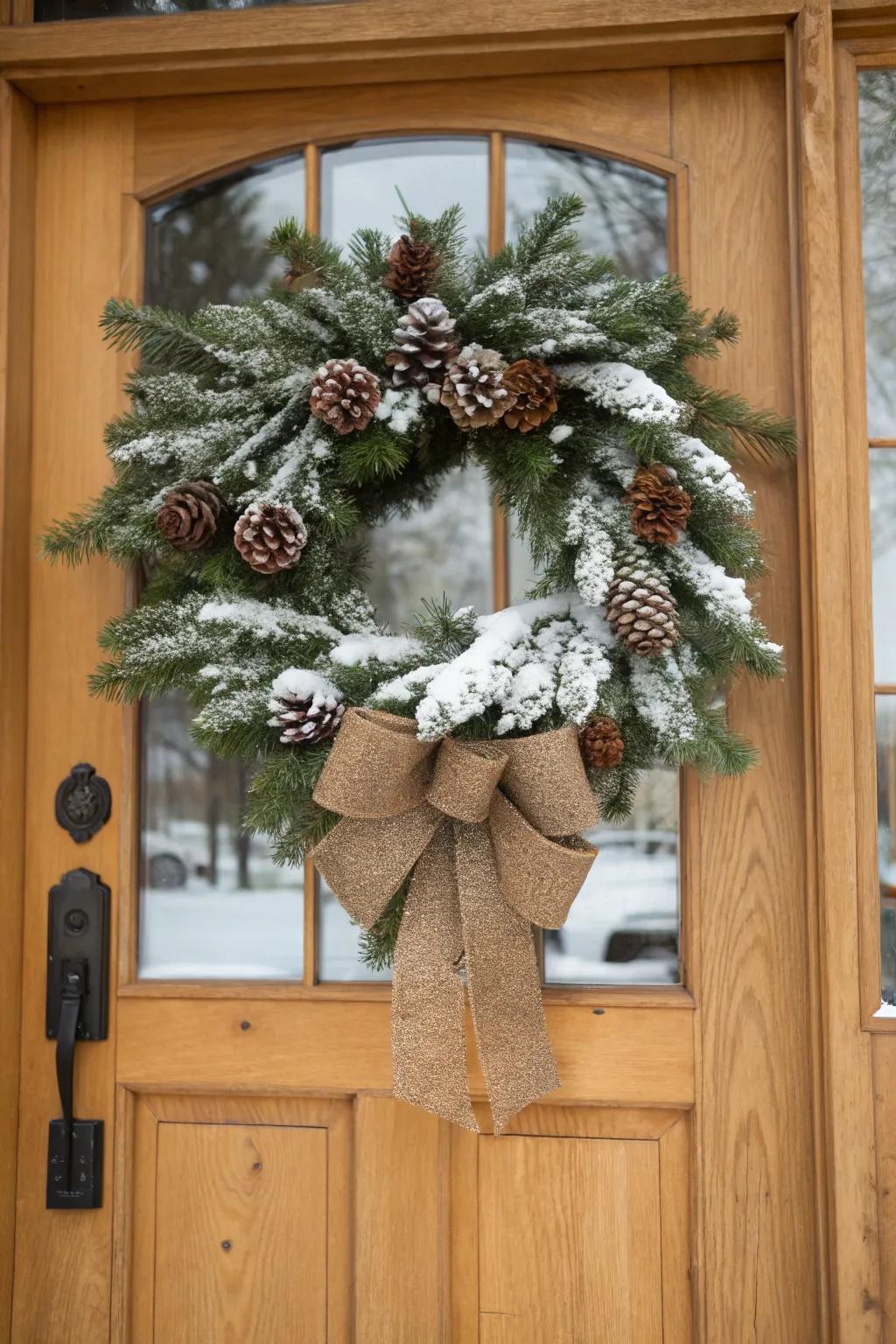 An evergreen ring kissed with white will add a sprinkle of charm to any doorway.