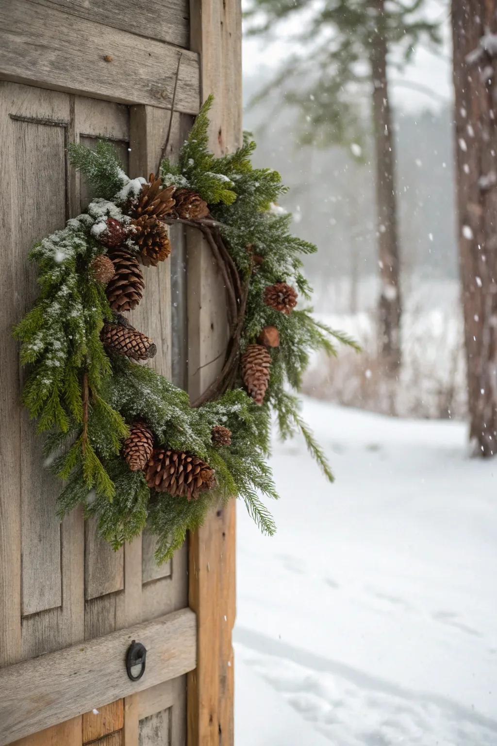 Welcome the spirit of the forest with a wreath of pinecones and evergreens.