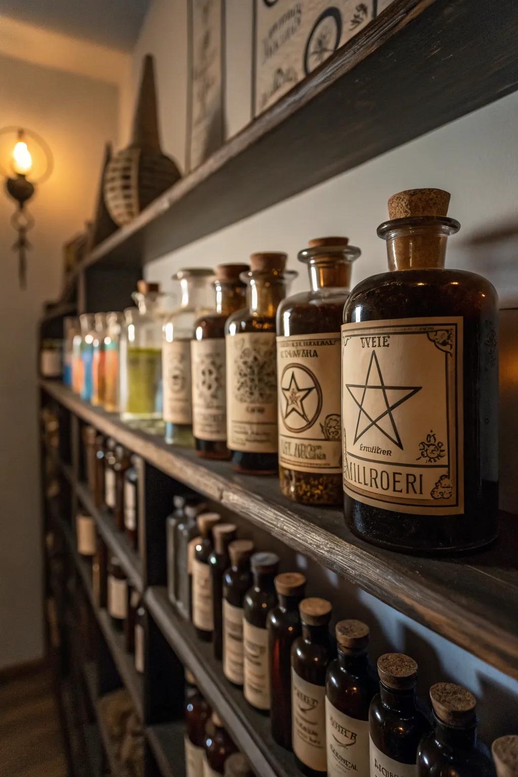 An array of elixir vials adds mystery to the abode.