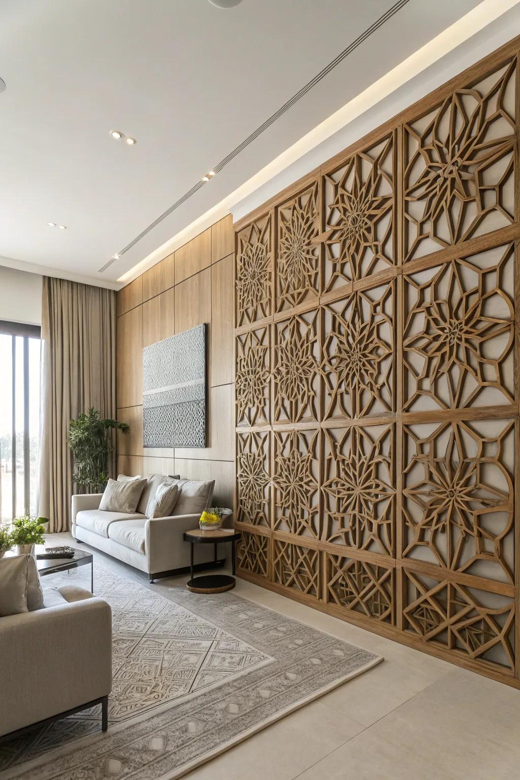 A geometric wood accent wall bringing charisma to a simple living room.