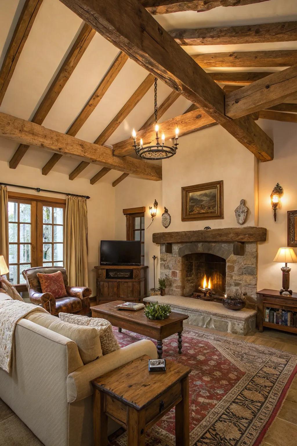 Exposed beams contribute a country-style touch to any room.