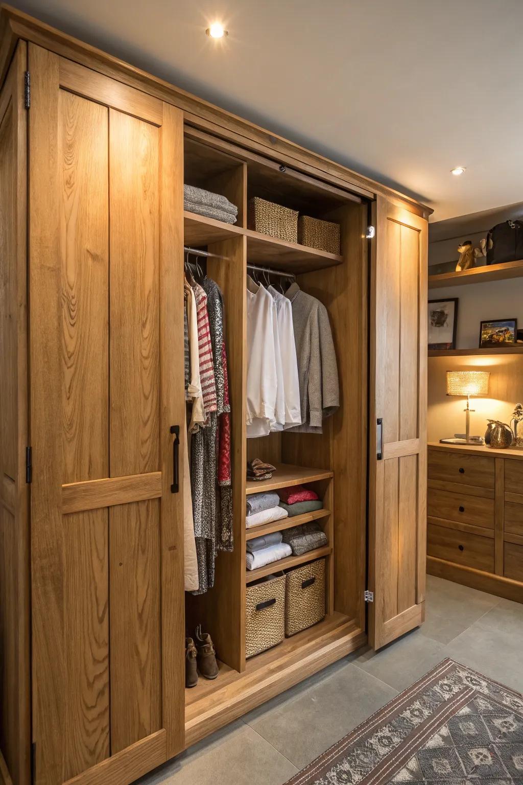 A closet that honors the inherent allure of natural wood grains.
