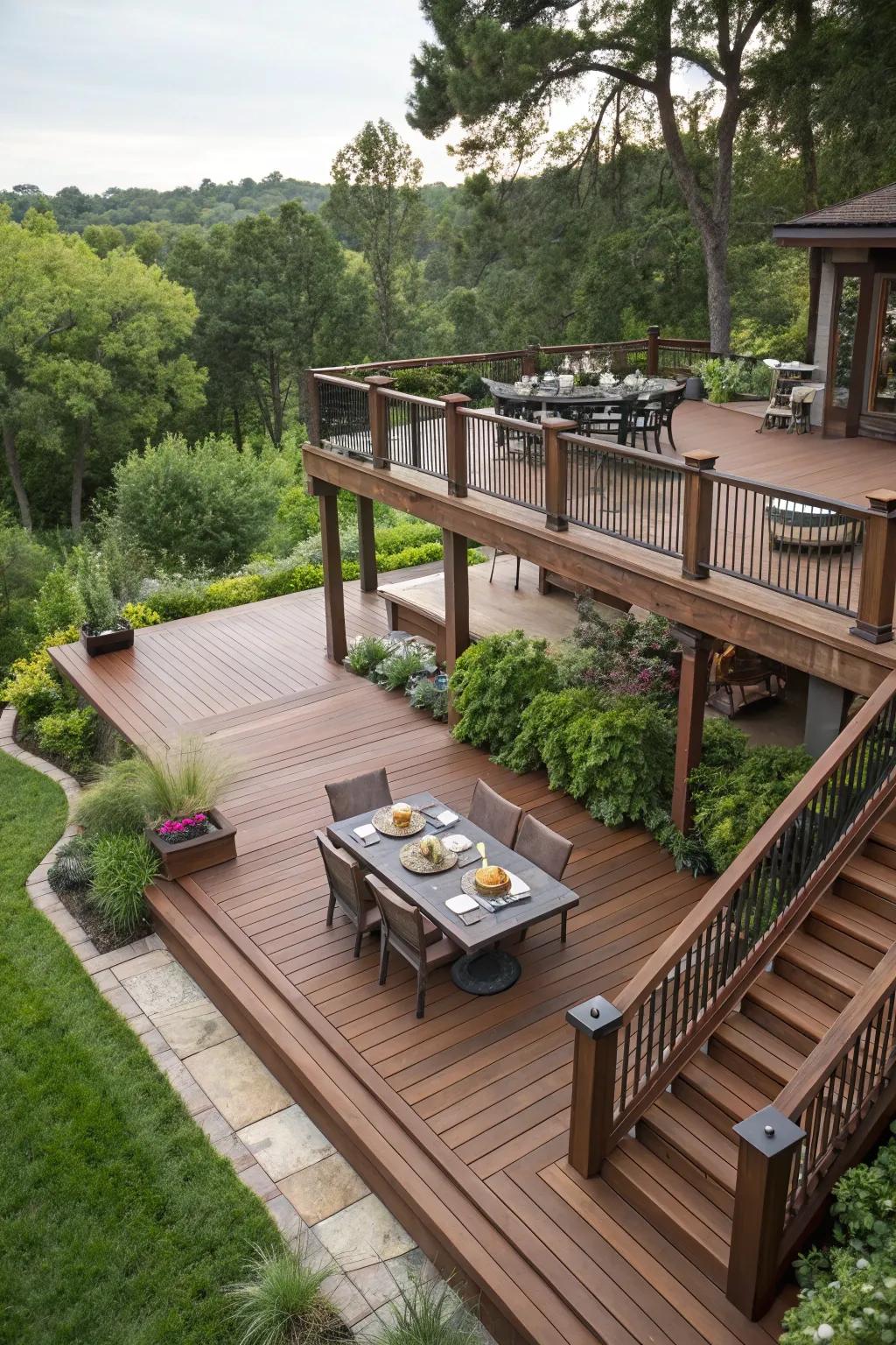 This multi-level deck design adds dimension and functionality to any backyard space.