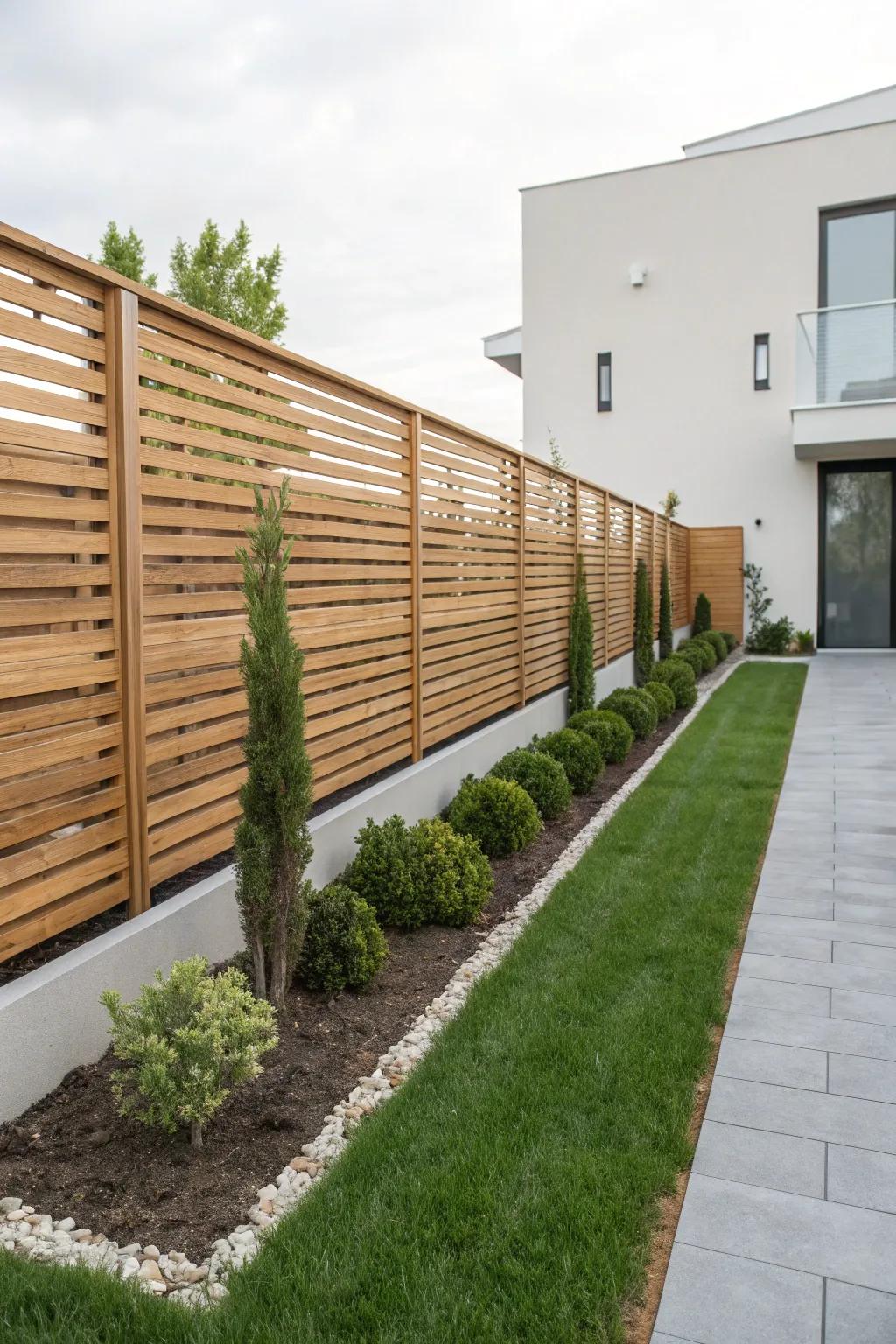 Any garden benefits from the contemporary touch that a horizontal slat fence provides.