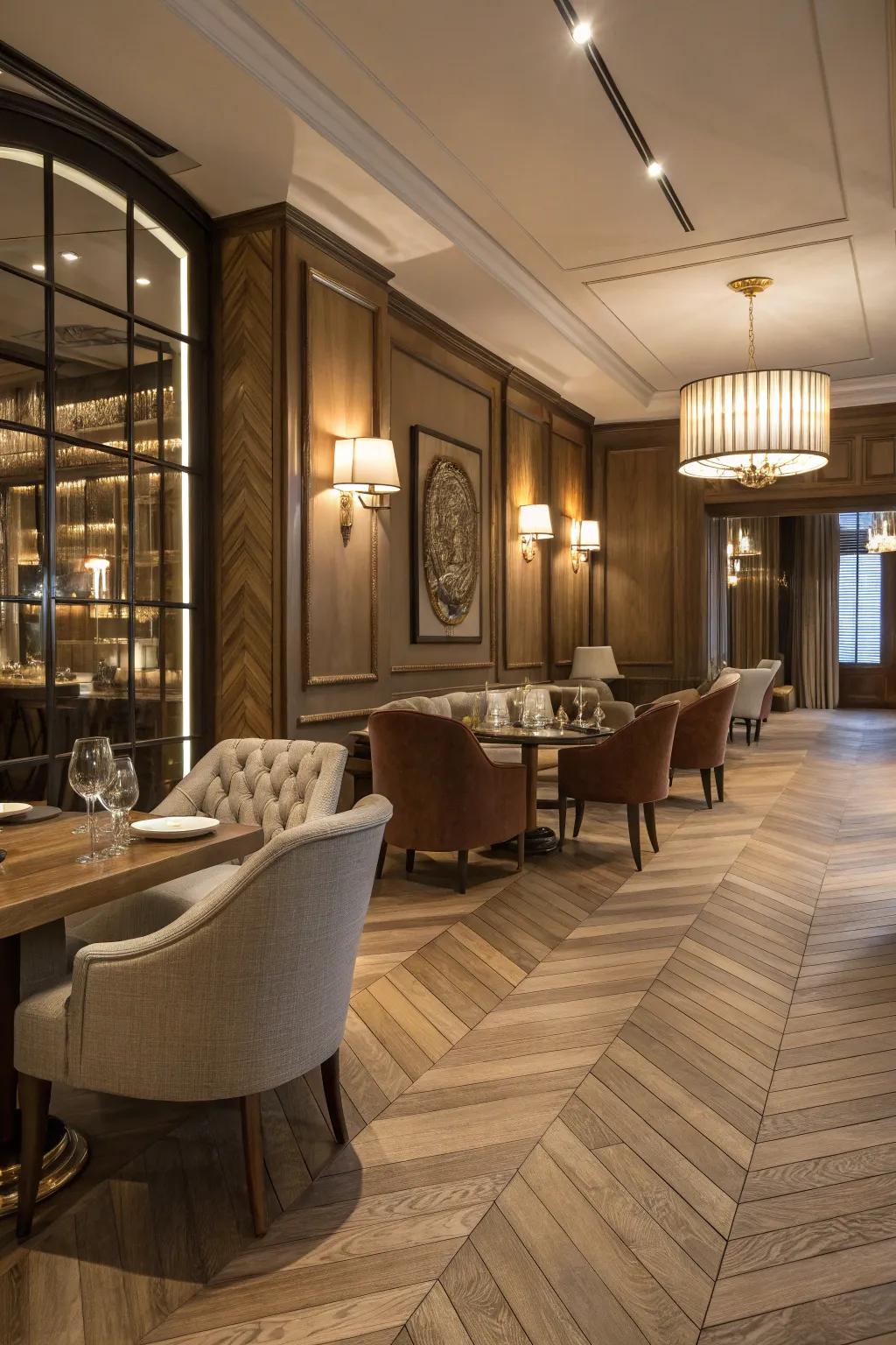 Refined interior featuring classic herringbone hardwood flooring.