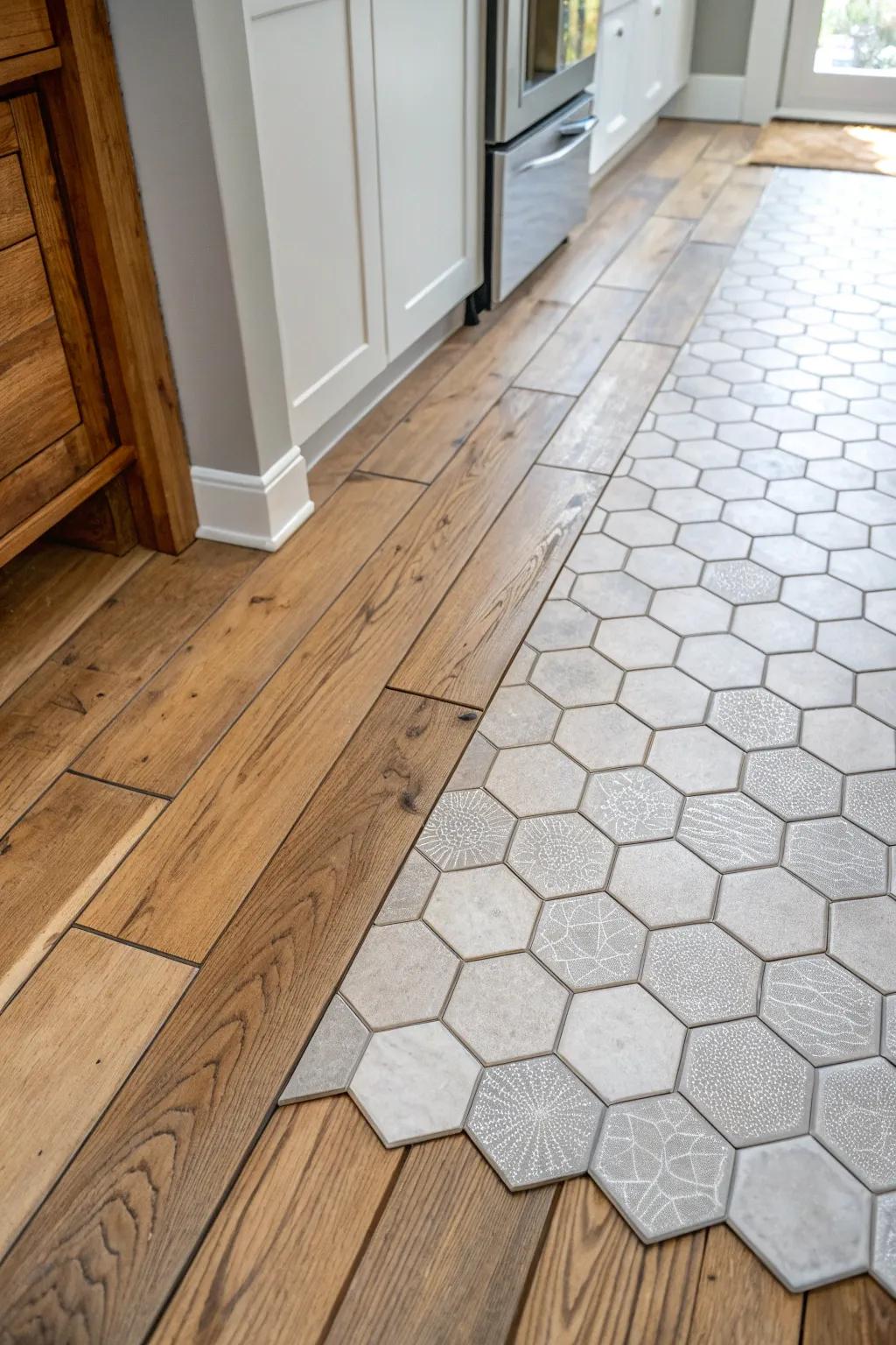 A kitchen displaying a unique transition from polygon tiles to wooden planks.