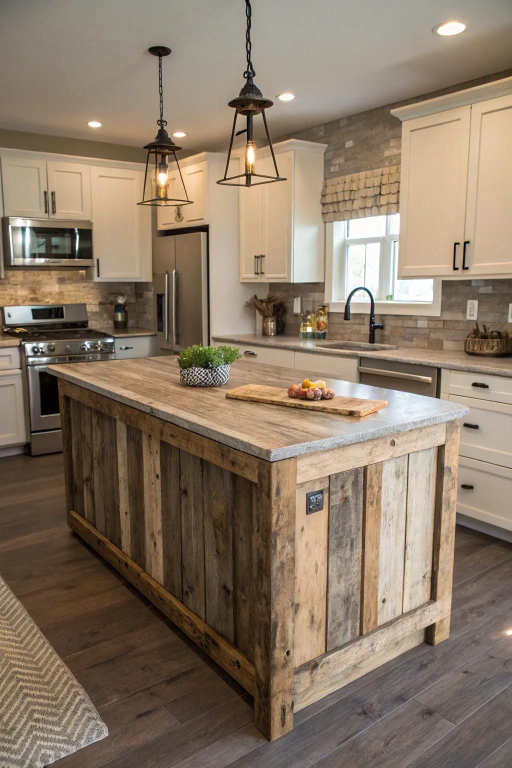 A rustic island made from recycled wood that adds character and coziness to a modern cooking area.