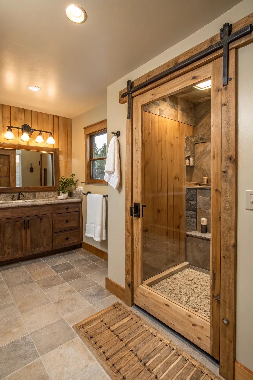 Amp up your bathroom's earthy charm with a hardwood-framed shower door.