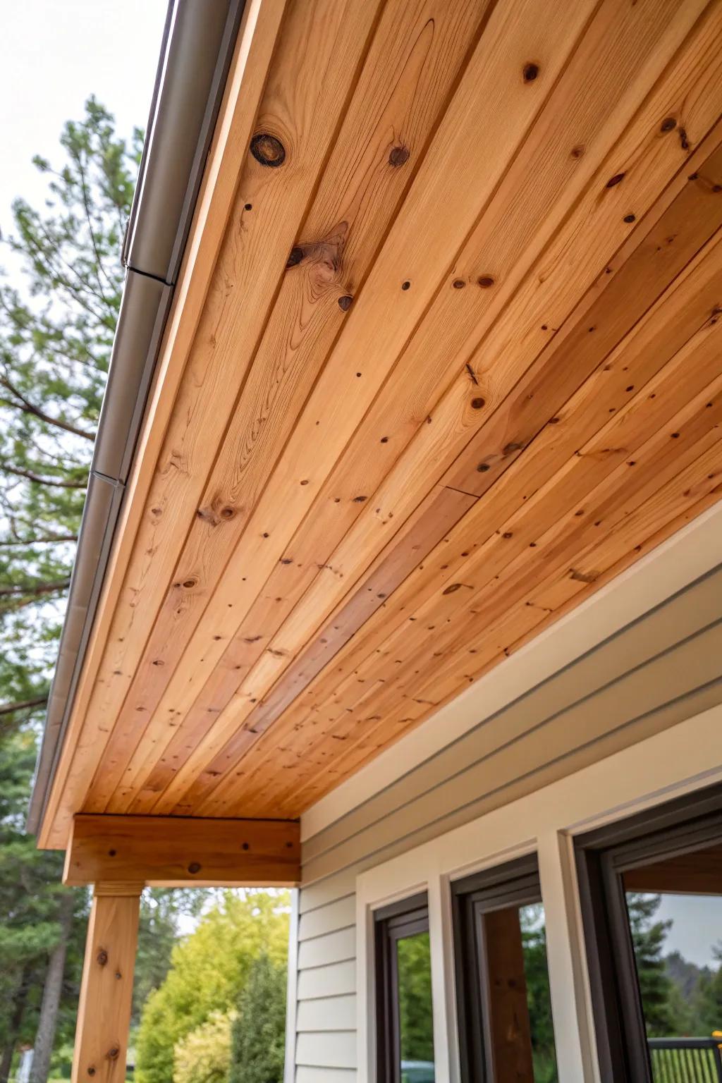Golden oak wood soffits deliver a warm and welcoming first impression.