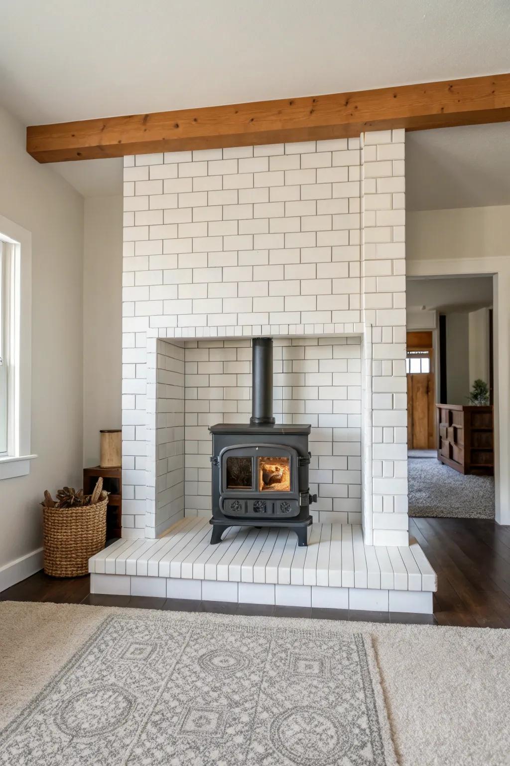 A minimalist tile surround provides a peaceful and modern touch to your wood stove.