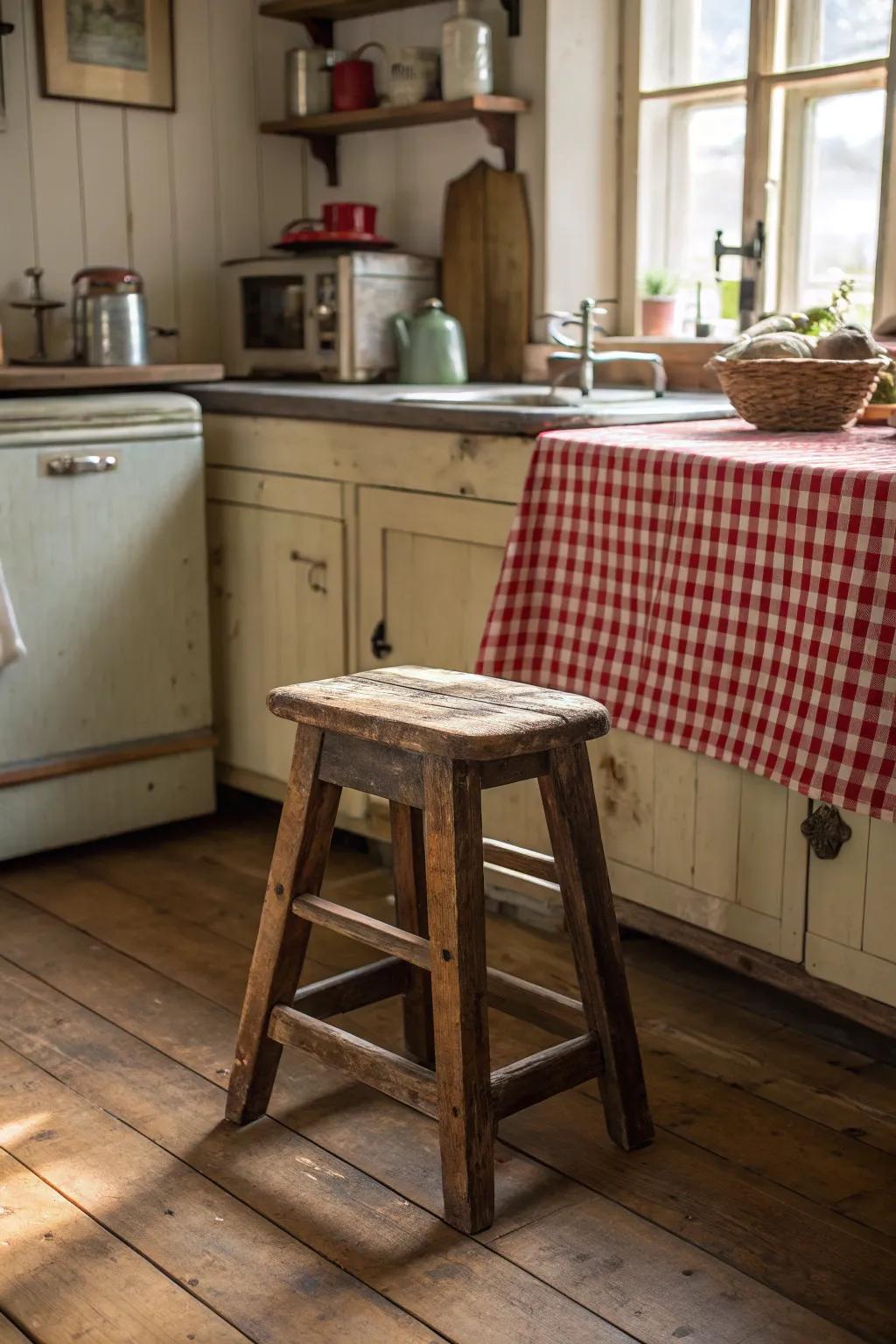 A rustic wooden stool infuses country charm into your kitchen setting.
