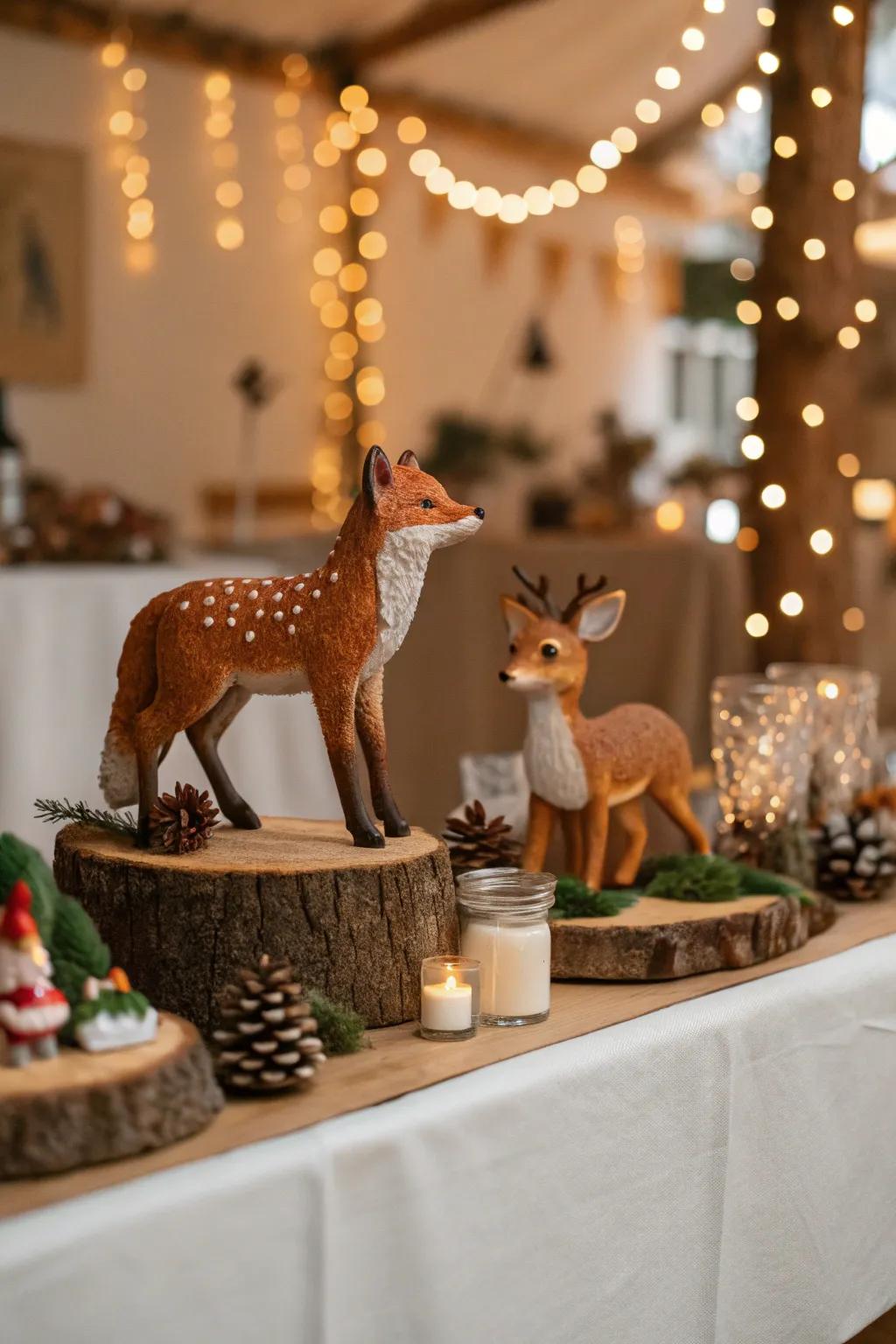 Woodland creature ornaments enhance the charm and whimsy of the decorations.