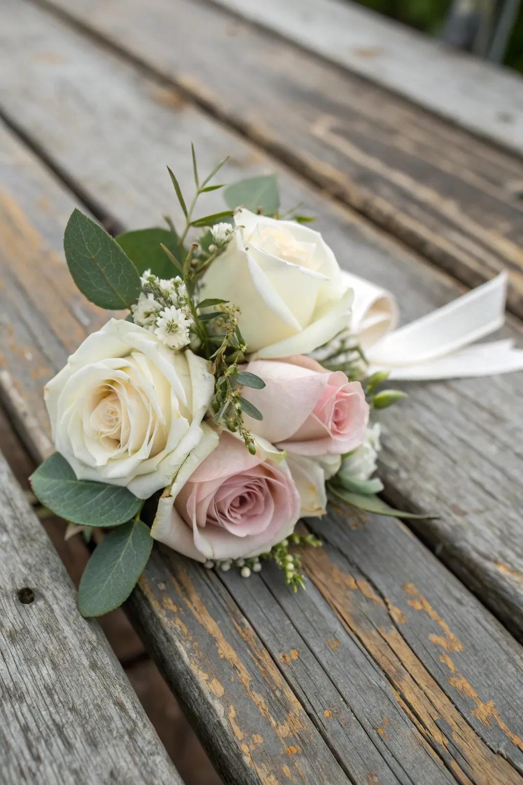 Classic rose wrist adornment featuring white and blush hues.
