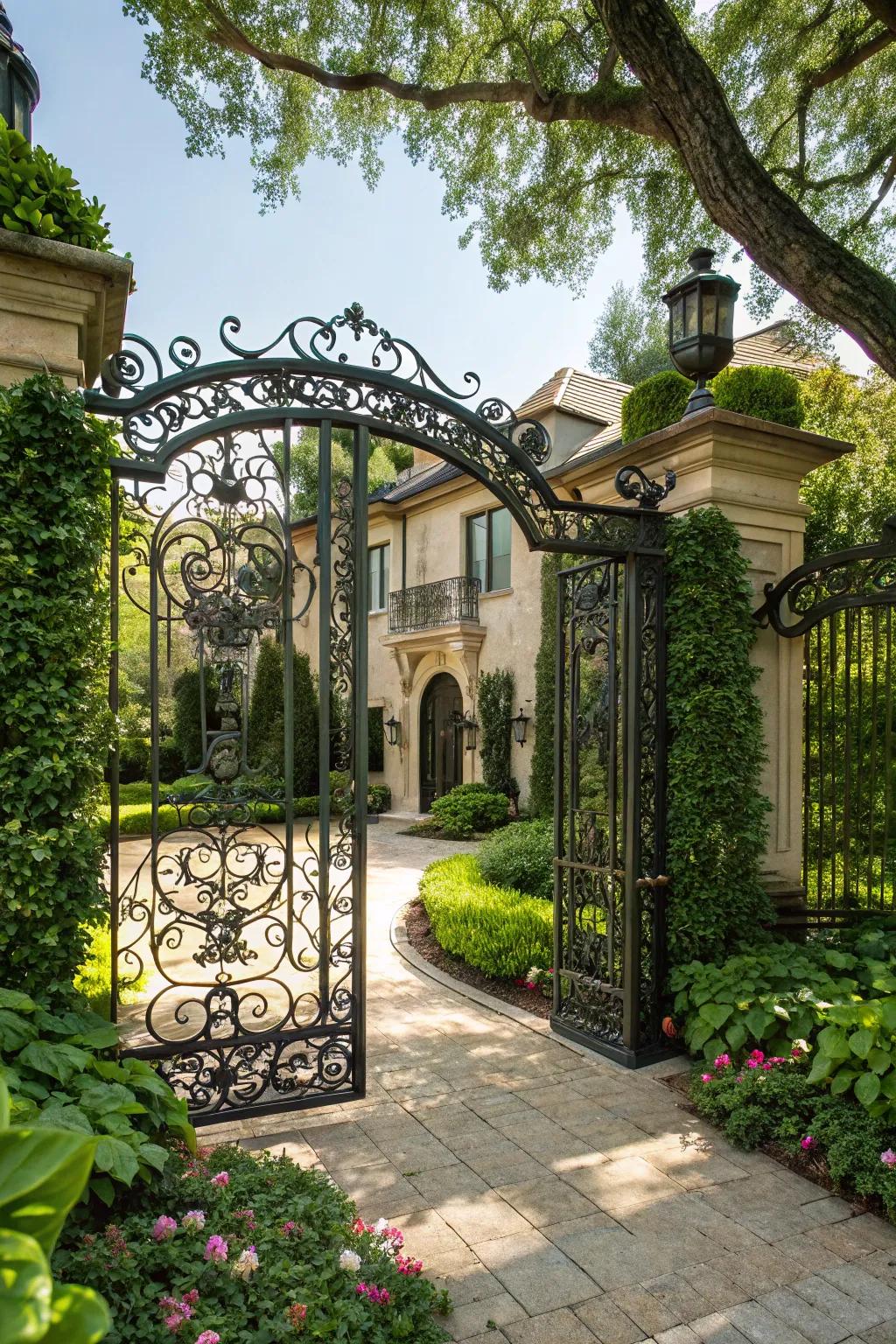 An ironwork gate establishes a sophisticated atmosphere for the entrance to your home.