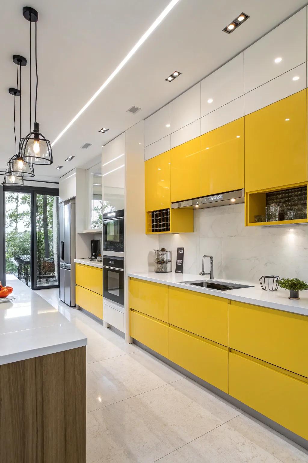 Daring yellow cabinets create a captivating centerpiece in any kitchen design.