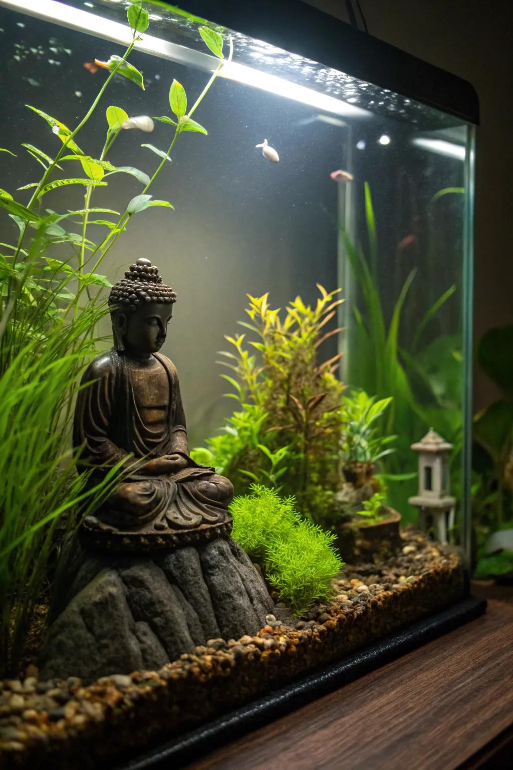 A calming statue brings calmness to this zen aquarium.
