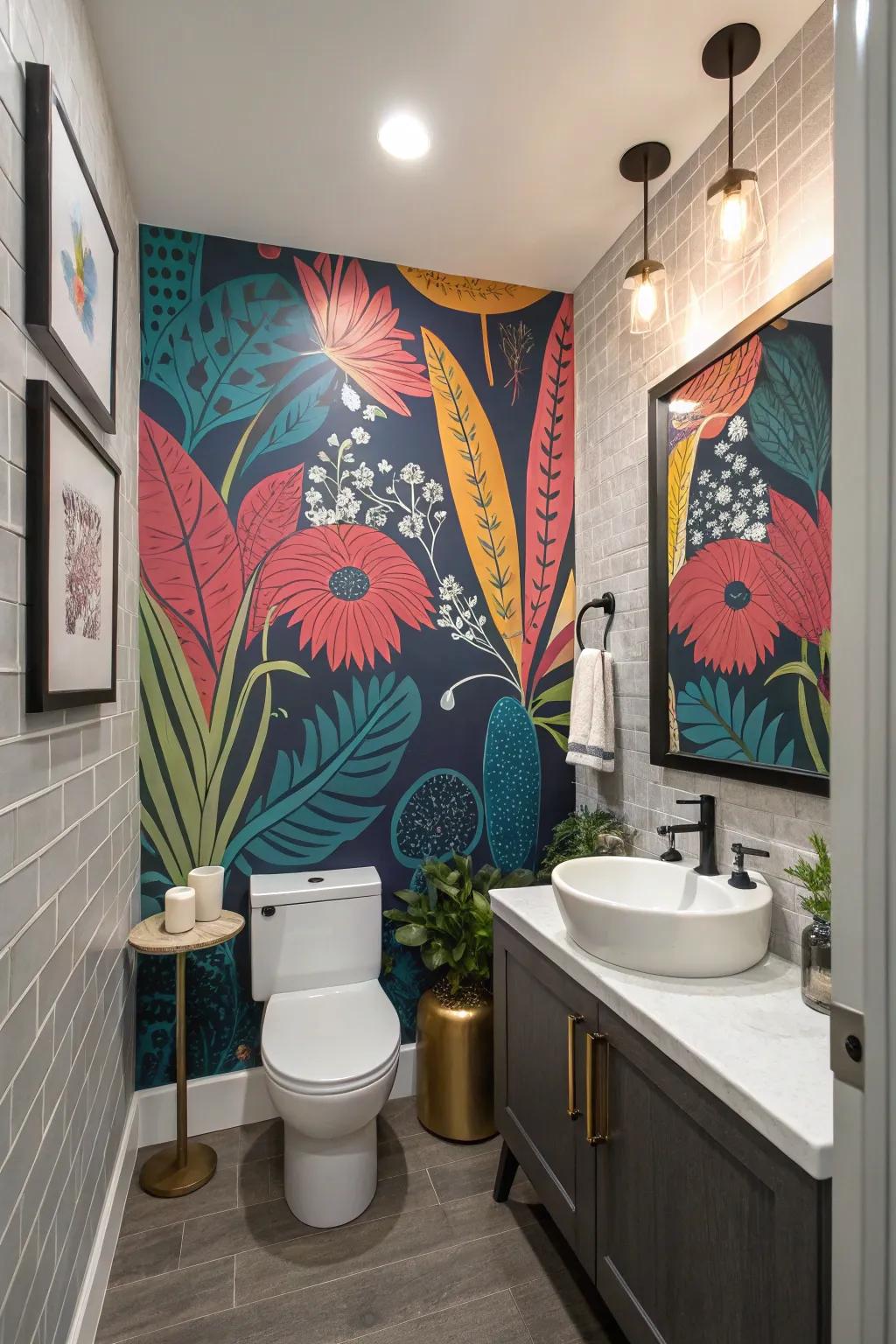 A striking mural renders this powder room a subject of discussion.