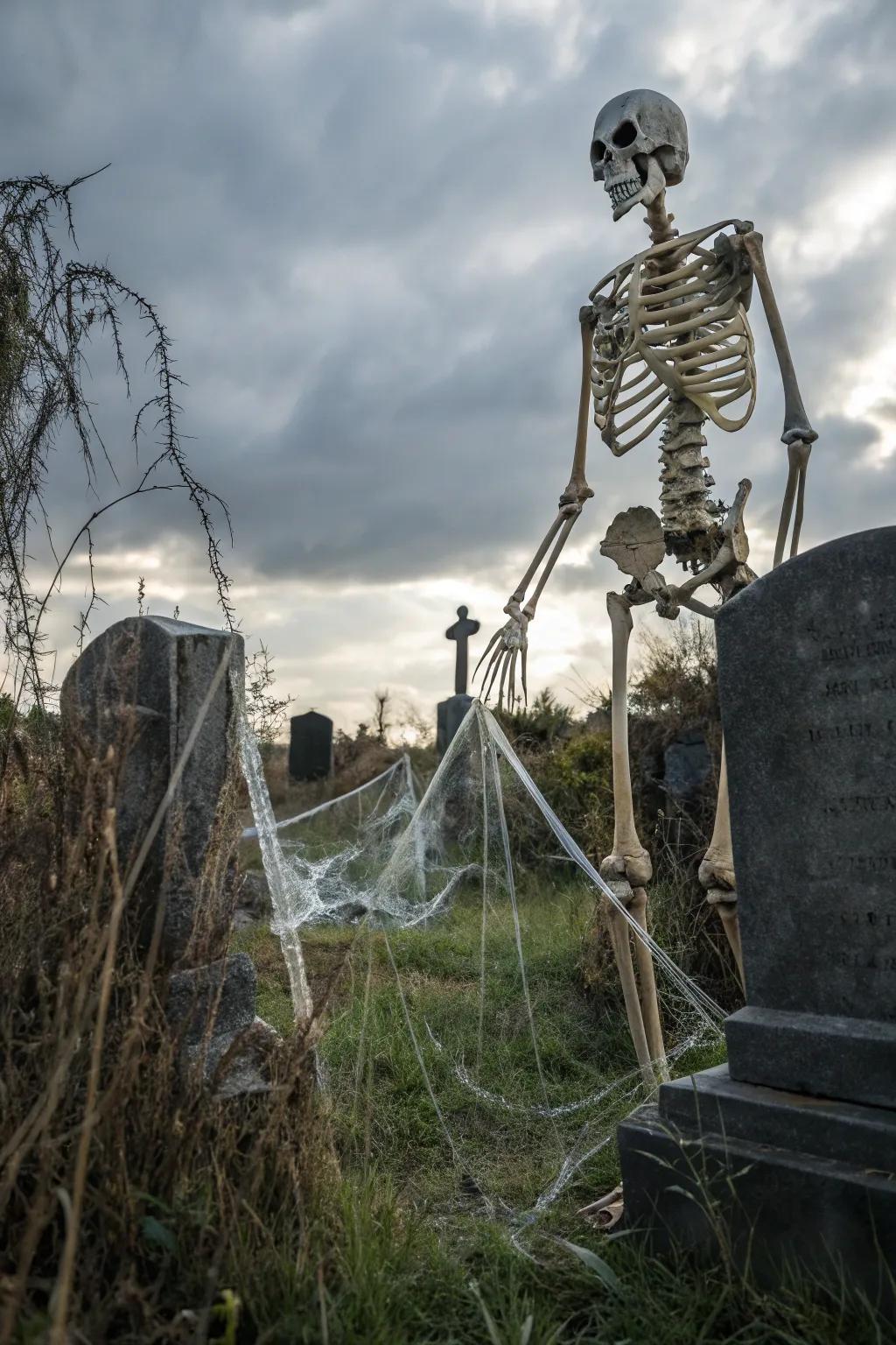 A burial ground scene featuring a towering skeleton.