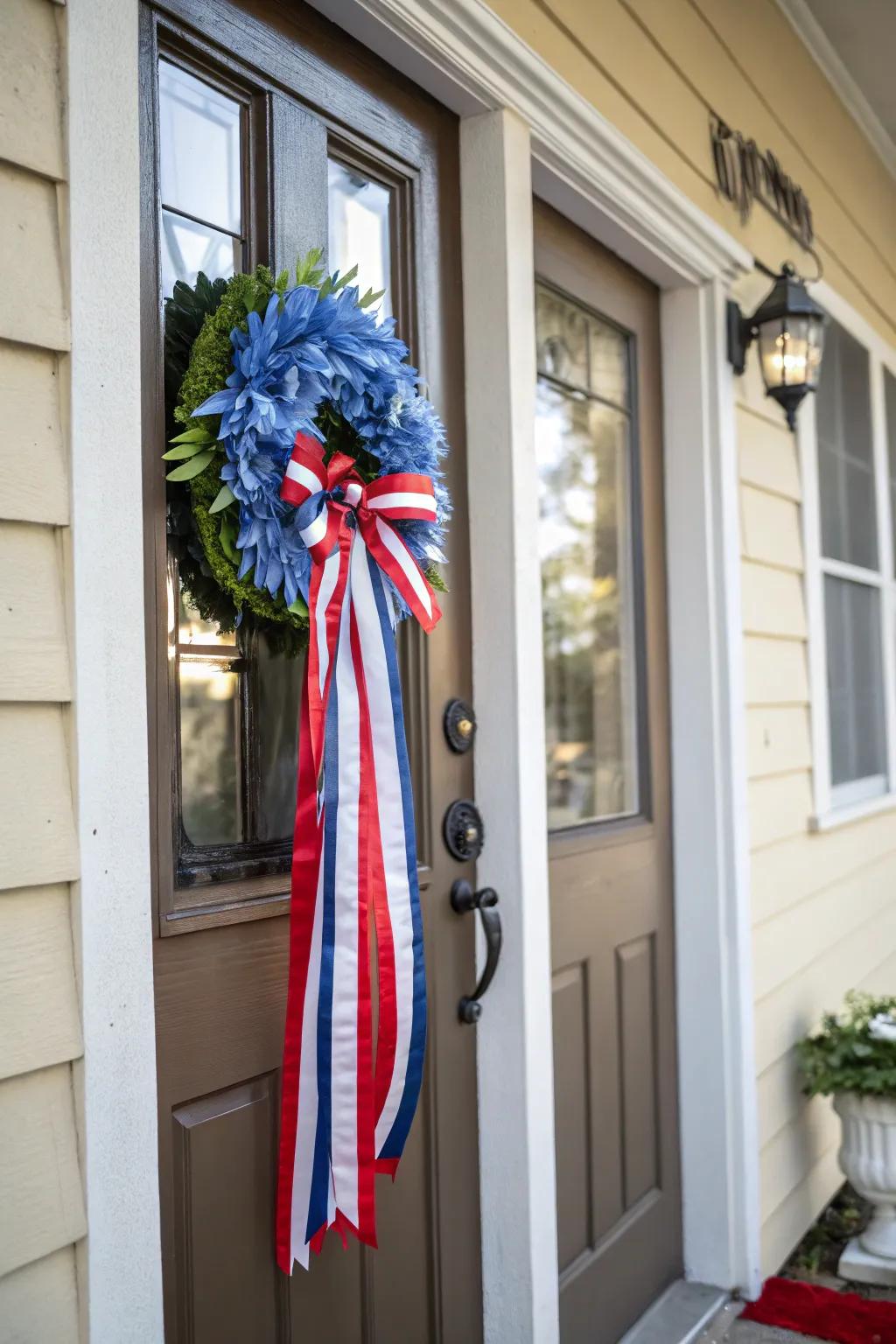 A DIY ribbon wreath welcomes guests with patriotic flair.