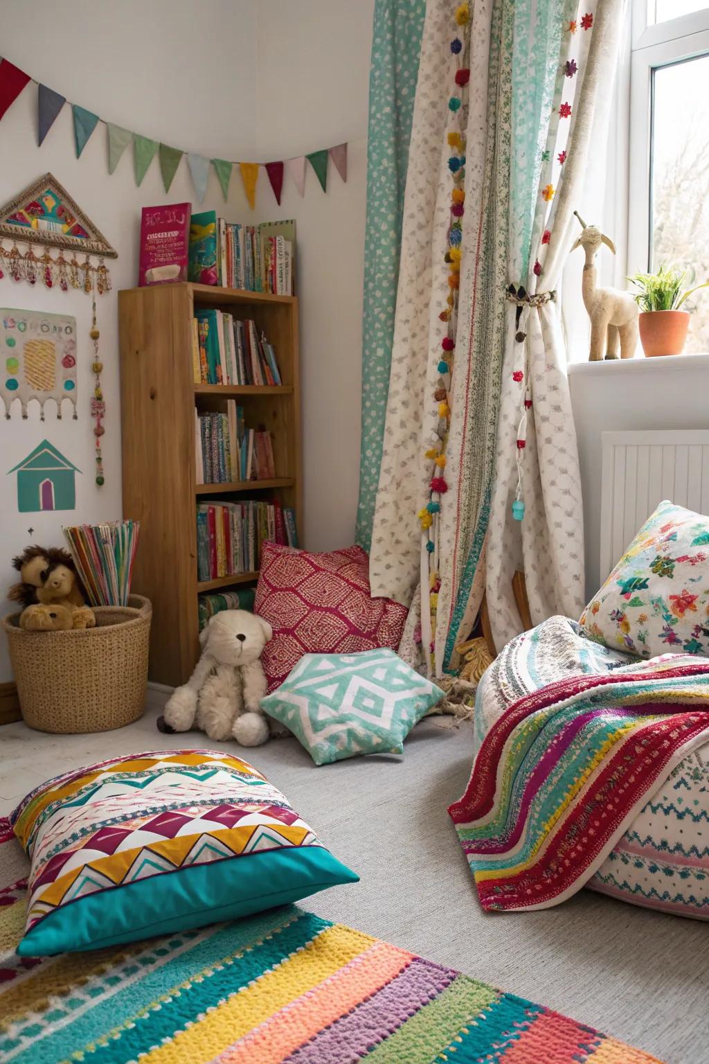 A vibrant bedroom with a playful mix of patterns and textures.