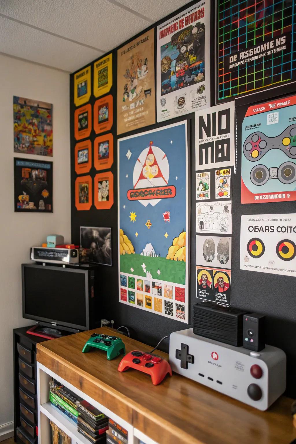 Retro digital game graphics on a gaming-themed bulletin board.